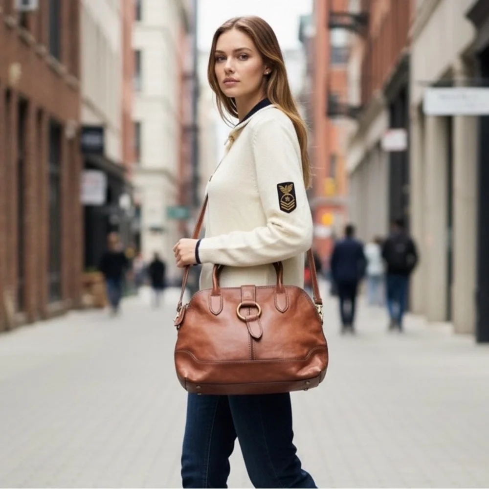 Frye Brown Leather Satchel with Gold Accent
